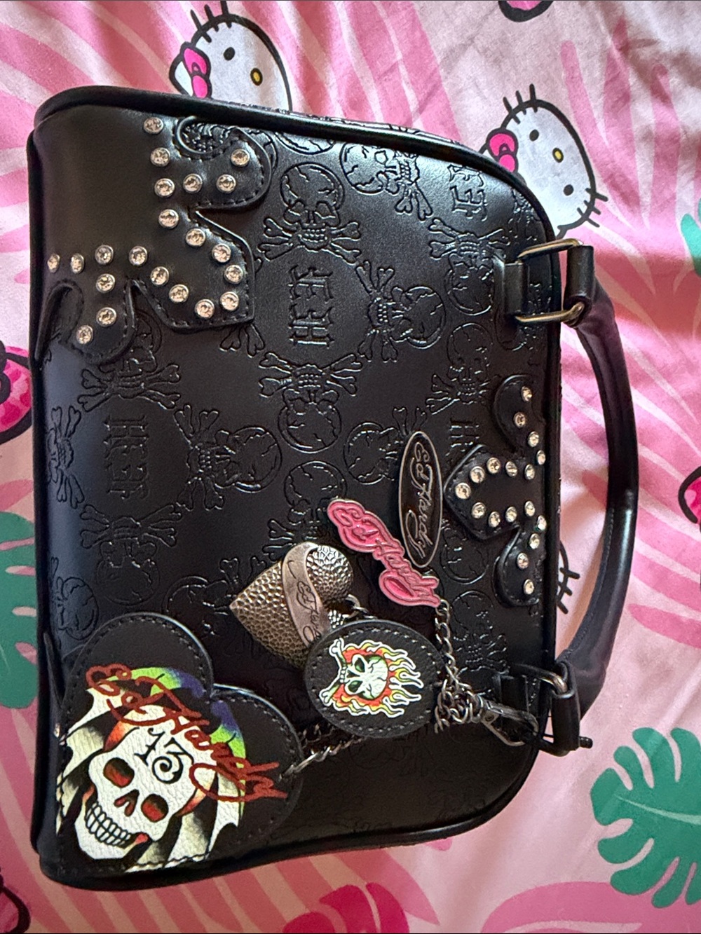 Ed Hardy Black Embossed Studded Satchel